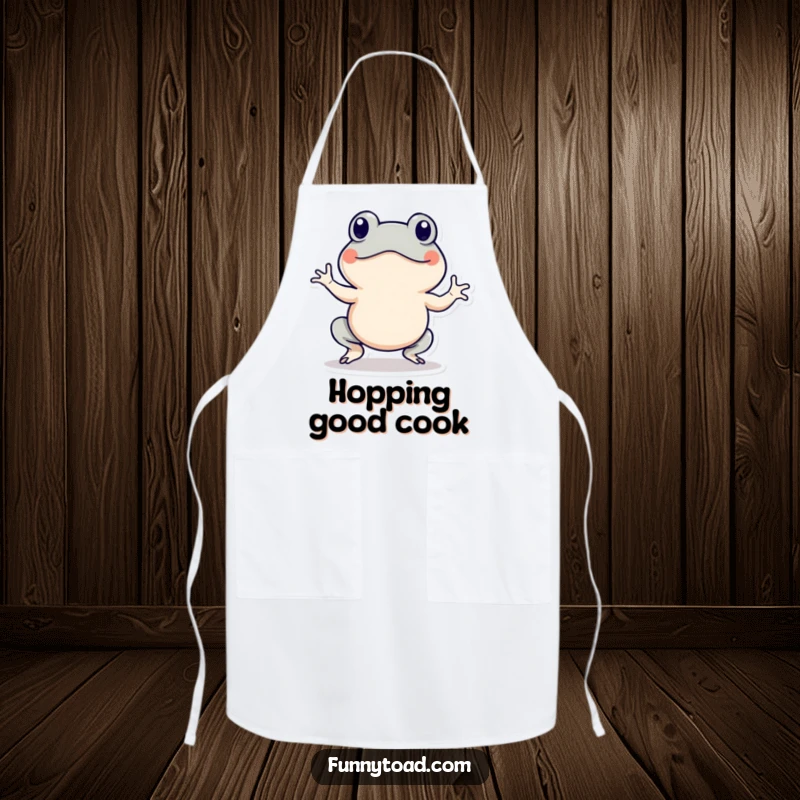 Funny apron showing an energetic toad character with lines, doing a hop. Humorous and practical kitchen wear.