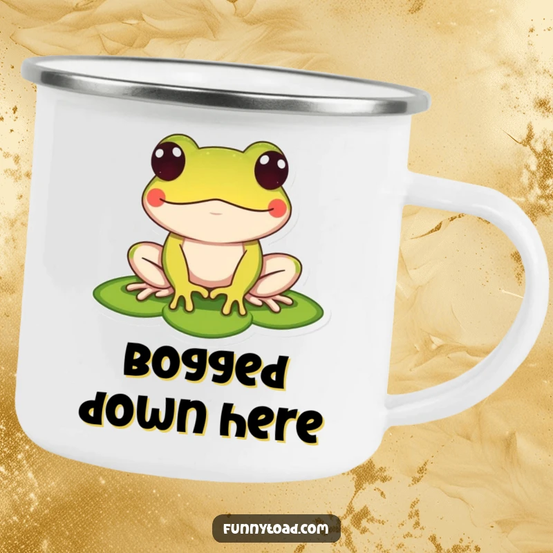 Funny camping mug with a stylized toad on a lily pad, eyes bulging. Ideal for outdoor enthusiasts needing a humorous drinkware.