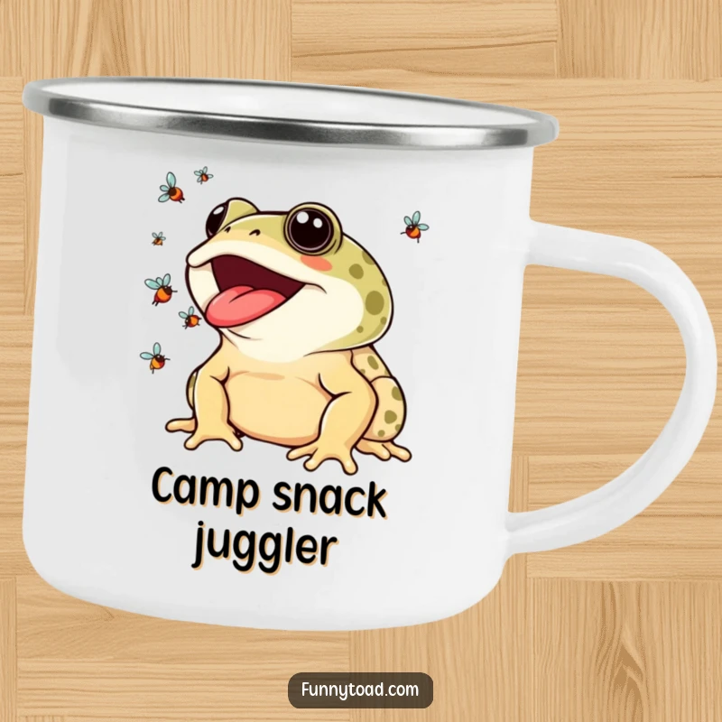 Funny Camping Mug: A Smiling Toad Juggling Colorful Flies, Perfect for Outdoor Fun.