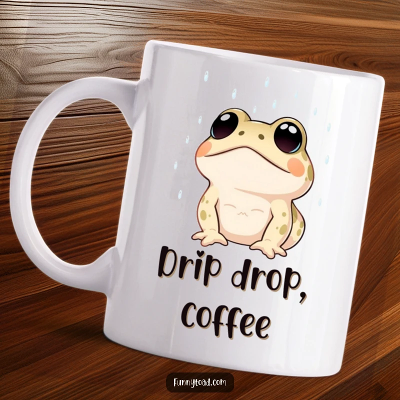 Funny mug showcasing a toad with large, expressive dot eyes looking wistfully up at falling rain. Humorous and contemplative amphibian.