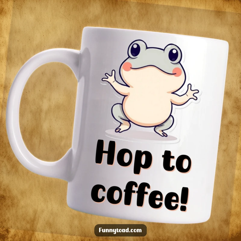 Funny mug depicting an energetic toad character with action lines, doing a little hop. Humorous and dynamic amphibian.