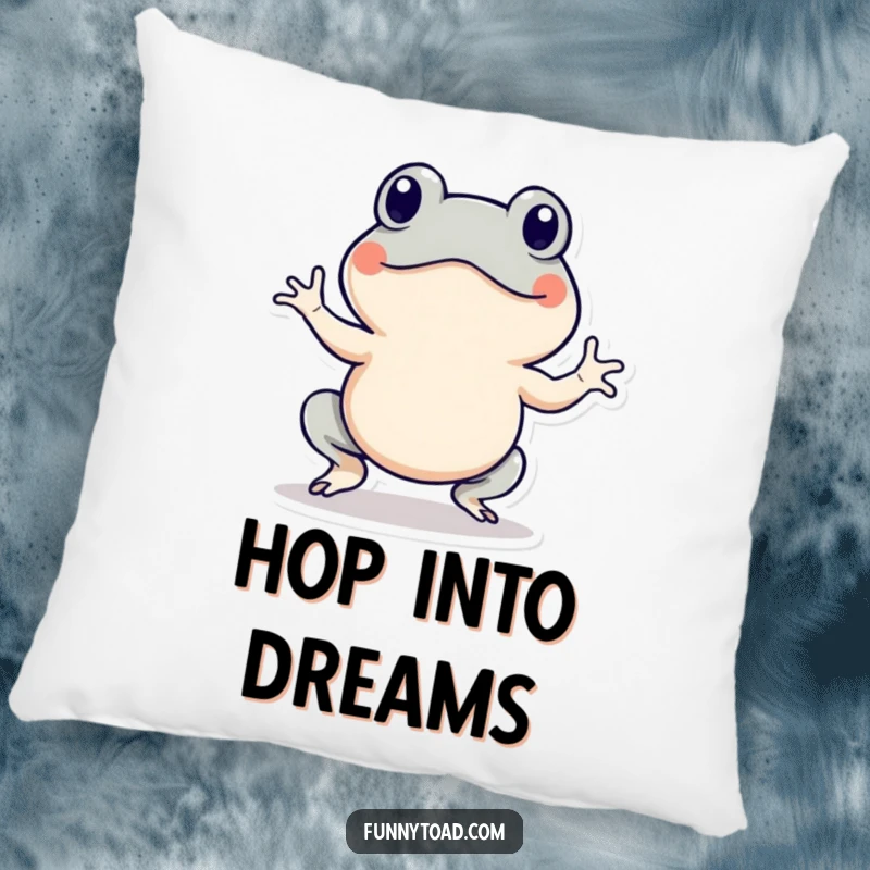 Funny pillow with an energetic toad character doing a hop, surrounded by motion lines. Soft, humorous, and decorative.