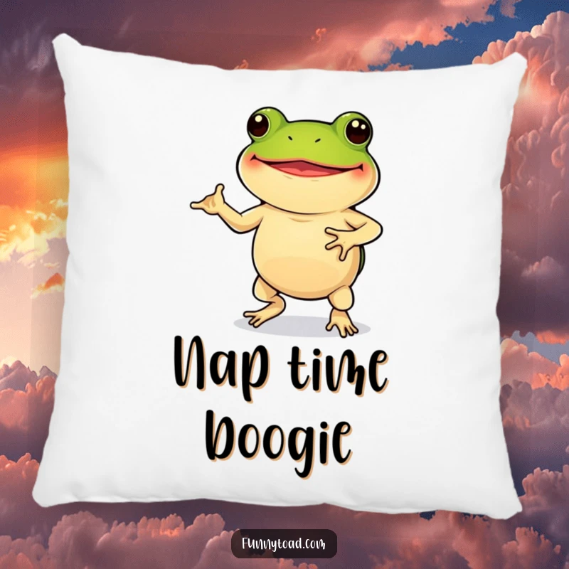 Funny Pillow: A Grinning Toad with Stubby Legs Doing a Hilarious, Joyful Dance, Perfect for Cozying Up.