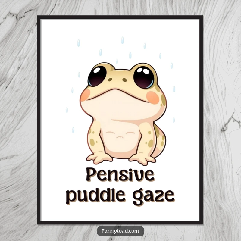 Funny digital art print of a toad with large, expressive dot eyes looking up at the rain. Humorous wall art.