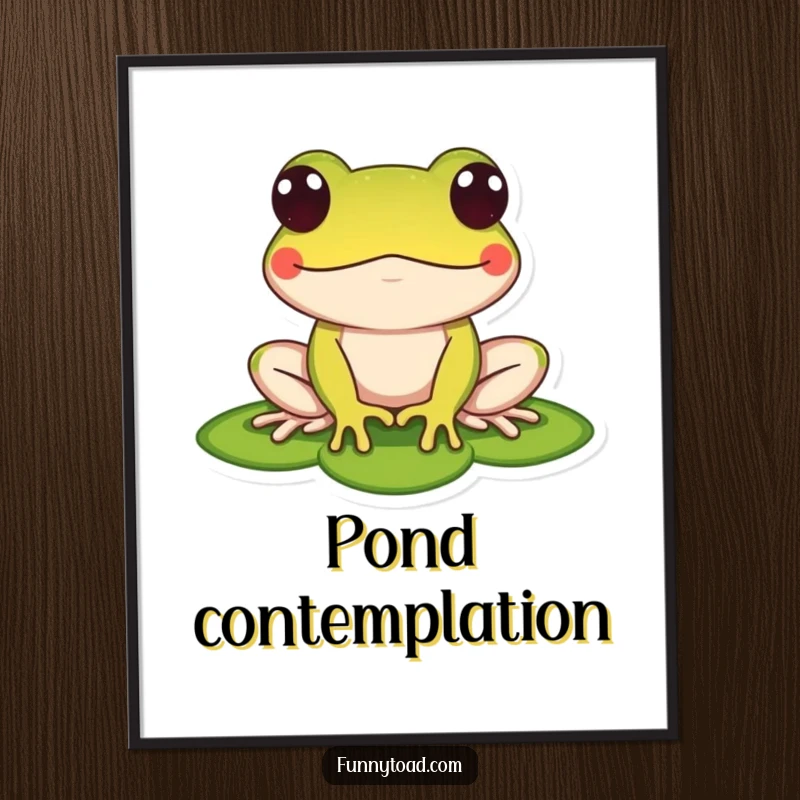Funny digital art print of a stylized toad with bulging dot eyes on a lily pad. Humorous and instantly downloadable wall art.