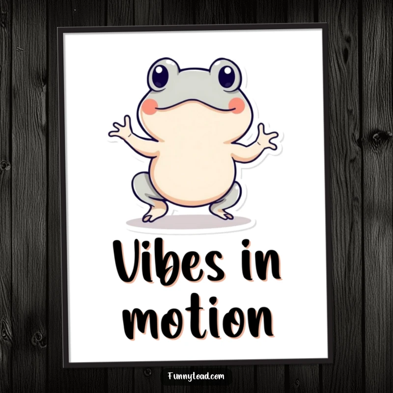 Funny digital art print of an energetic toad character with motion lines, doing a hop. Humorous wall art.