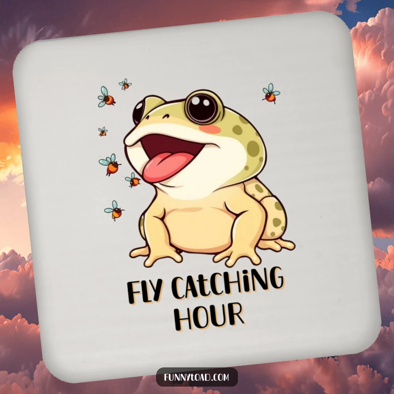 Funny Drink Coaster: A Toad with a Wide Smile Juggling Colorful Flies, Protecting Surfaces.