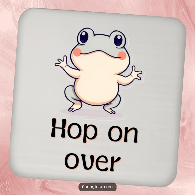 Funny drink coaster illustrating an energetic toad character with lines, doing a hop. Humorous and protective.
