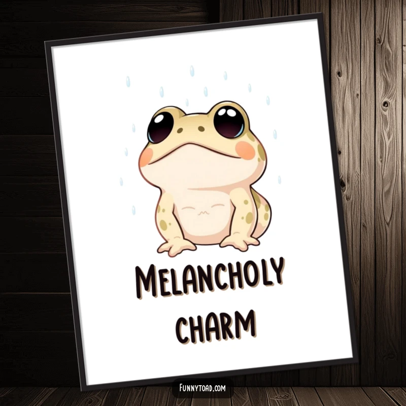Funny poster art of a toad with big, expressive dot eyes looking up at the rain. Atmospheric and humorous wall decor.