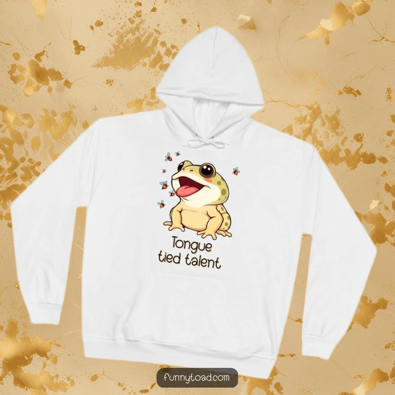 Funny Hoodie: A Smiling Toad Effortlessly Juggling Brightly Colored Flies with its Agile Tongue.