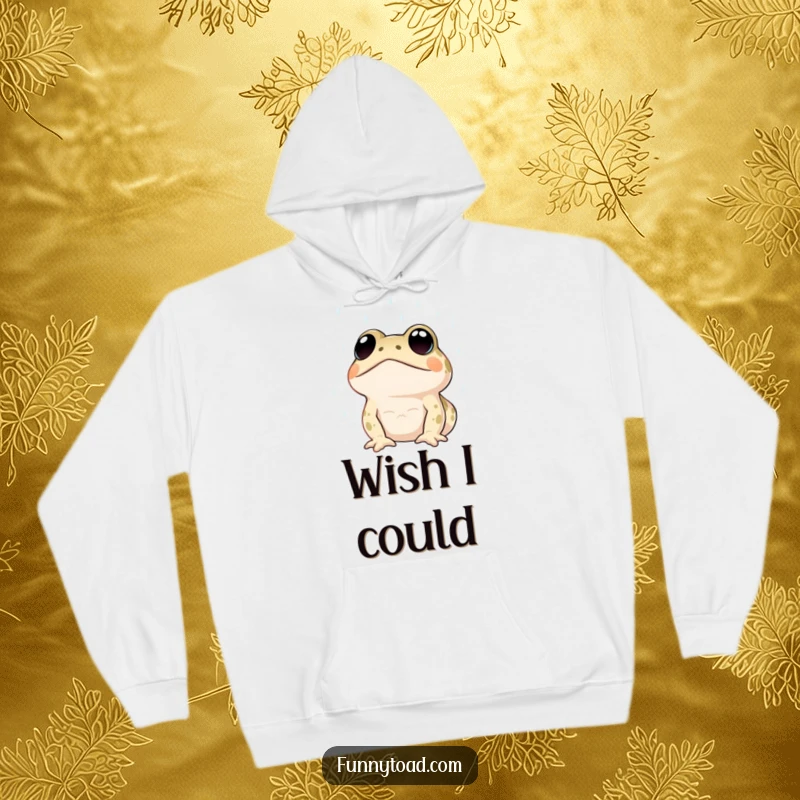 Funny hoodie showing a toad with large, expressive dot eyes looking up at the rain. Cozy, warm, and humorous.