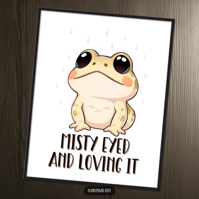 Funny Free Printable Wall Art: A toad with large, expressive dot eyes looking up wistfully at the rain.