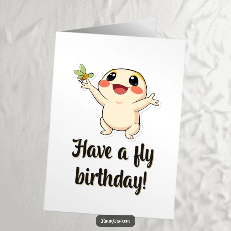 Funny Free Printable Birthday Card: A toad with a huge smile joyfully catches a fly with its tongue.