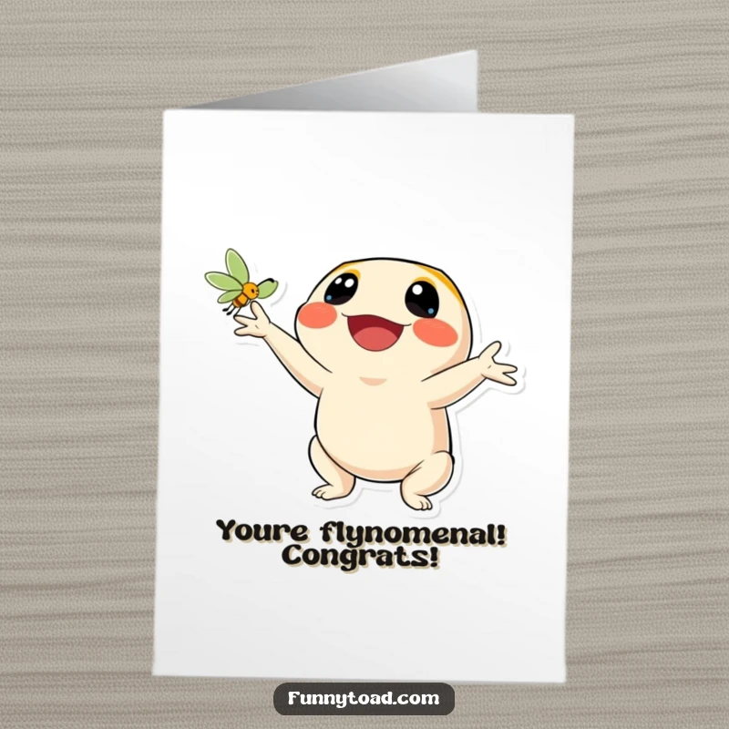 Funny Free Printable Congratulations Card: A toad with a wide, happy smile is joyfully catching a fly.