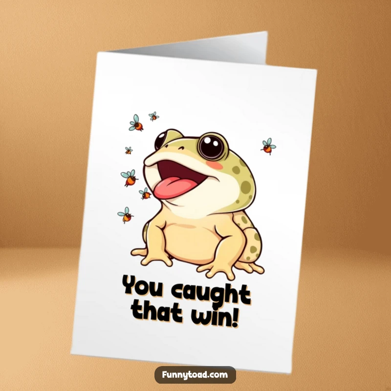 Funny Free Printable Congratulations Card: A wide-smiling toad impressively juggles vibrant flies with its tongue, celebrating achievements with flair.