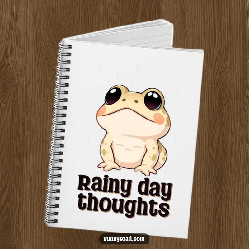 Funny notebook depicting a toad with large, expressive dot eyes looking up at the rain. For jotting notes humorously.