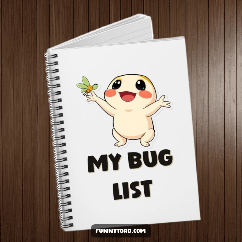 Funny notebook depicting a toad character with a joyful smile catching a fly. Ideal for jotting down notes humorously.