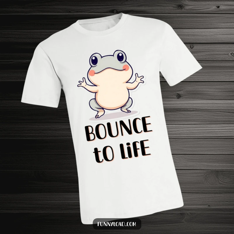 Funny t-shirt showing an energetic toad character with motion lines, performing a little hop. Humorous and active apparel.
