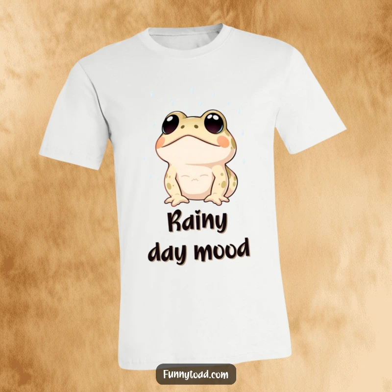 Funny t-shirt with a toad character’s big, expressive dot eyes gazing up at the rain. Humorous and atmospheric apparel.