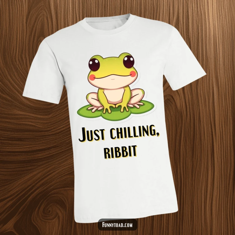 Funny t-shirt with a stylized toad sporting big, bulging dot eyes, sitting serenely on a lily pad. Humorous amphibian attire.