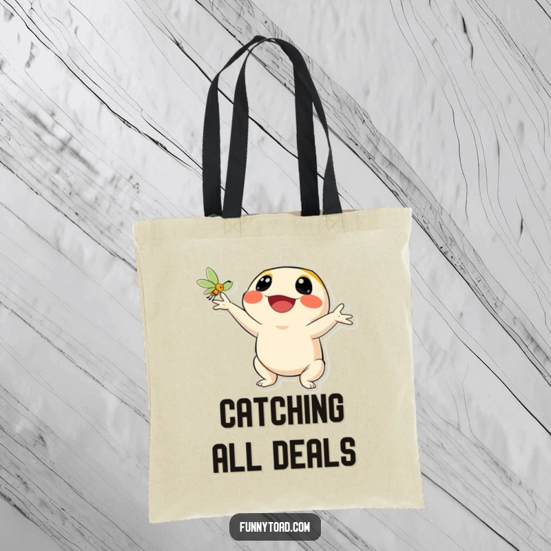 Funny tote bag illustrating a toad character’s wide, happy smile while catching a fly. Humorous and functional accessory.