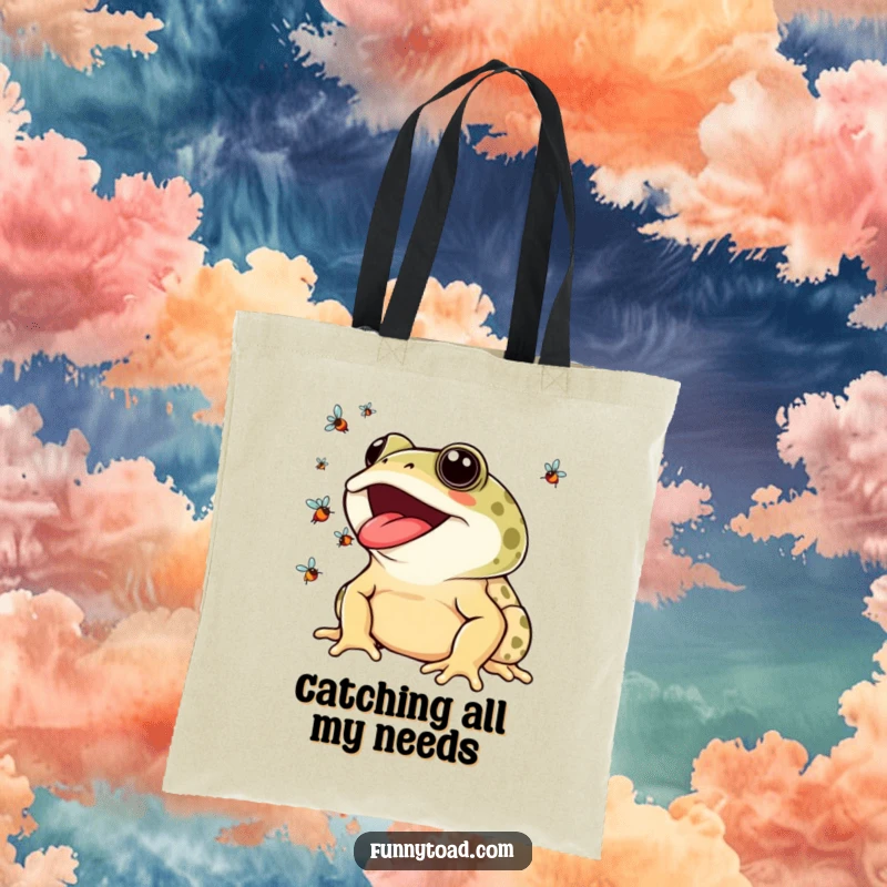 Funny Tote Bag: A Toad with a Broad Smile Juggling Many Colorful Flies with its Long Tongue.