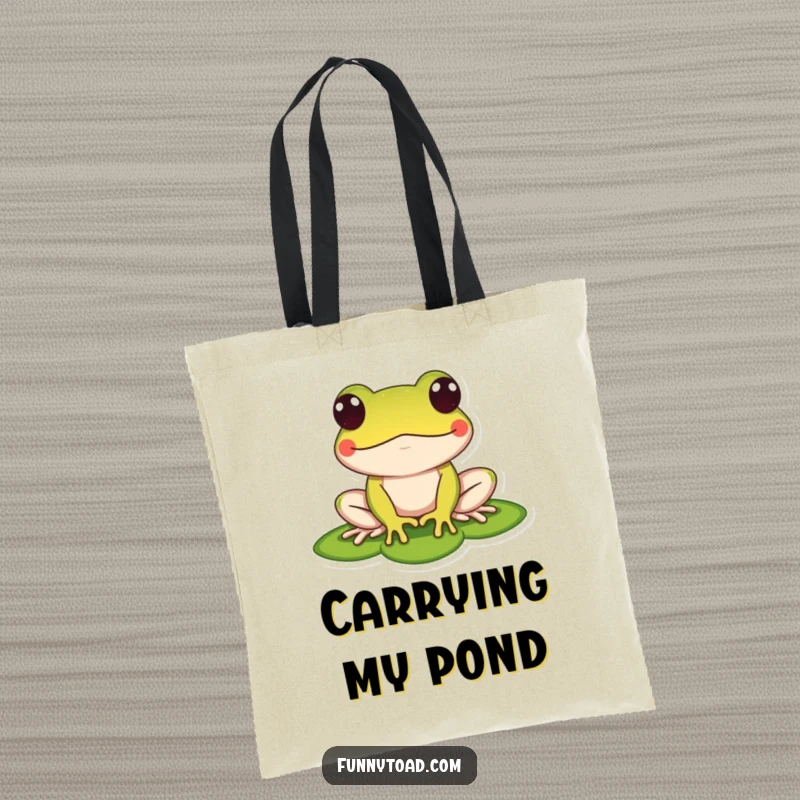 Funny tote bag showcasing a stylized toad with bulging dot eyes, relaxing on a lily pad. Durable and humorously delightful.